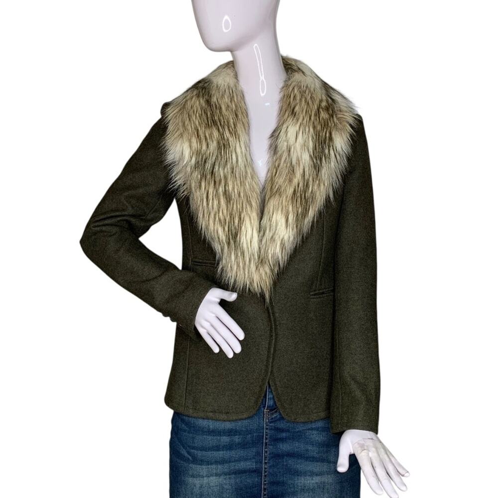 LOFT Suit Jacket Olive Army Green Cream Removable Faux Fur Collard Size 4